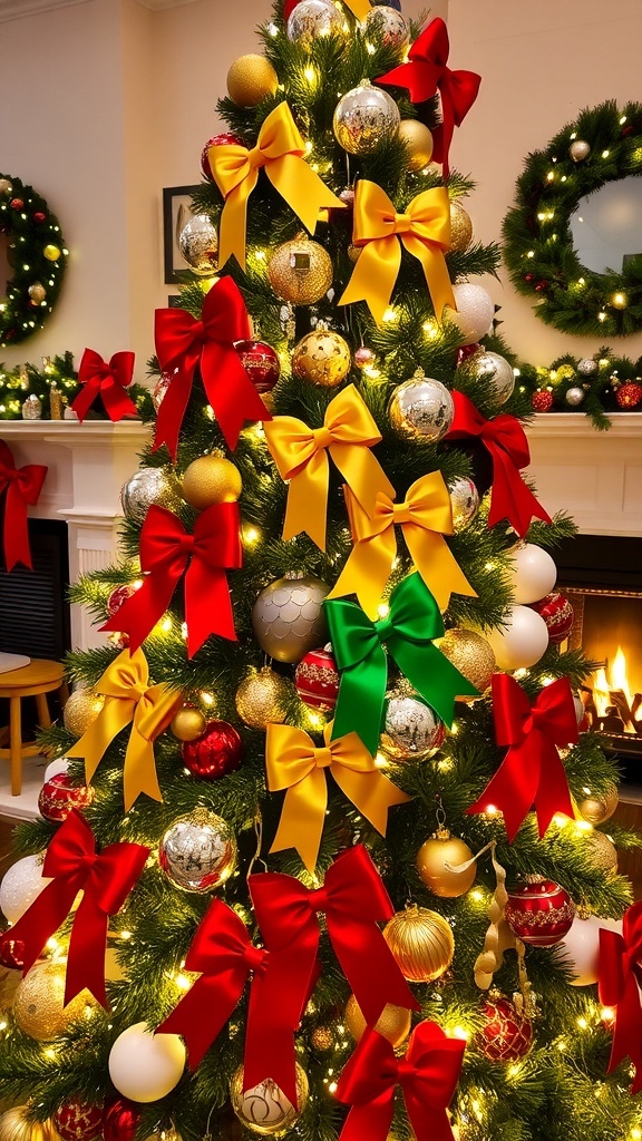 A Christmas tree decorated with colorful bows and ornaments, glowing with lights in a festive living room.
